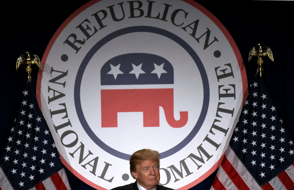 Then-President Donald Trump speaks at the Republican National Committee winter meeting  on February 1, 2018, in Washington, D.C. (Photo by Olivier Douliery-Pool/Getty Images)