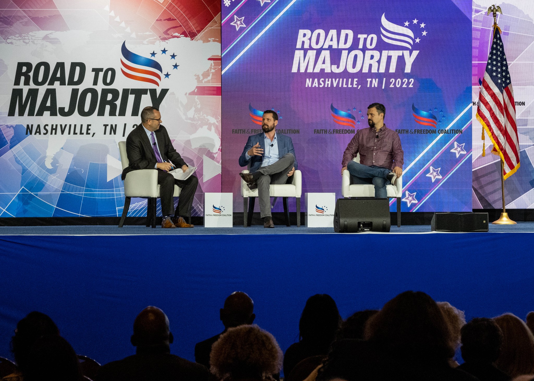 Babylon Bee CEO Seth Dillon and editor-in-chief Kyle Mann speak at the annual "Road To Majority Policy Conference" held by the Faith & Freedom Coalition at the Gaylord Opryland Resort & Convention Center in Nashville, Tennessee, on June 18, 2022. Former President Donald Trump appeared on the first day of the conference. (Photo by Seth Herald/Getty Images)