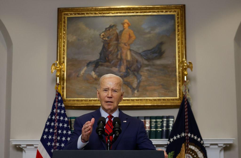 President Joe Biden speaks about recent pro-Palestinian protests on college campuses in the Roosevelt Room of the White House on May 2, 2024. (Photo by Kevin Dietsch/Getty Images)
