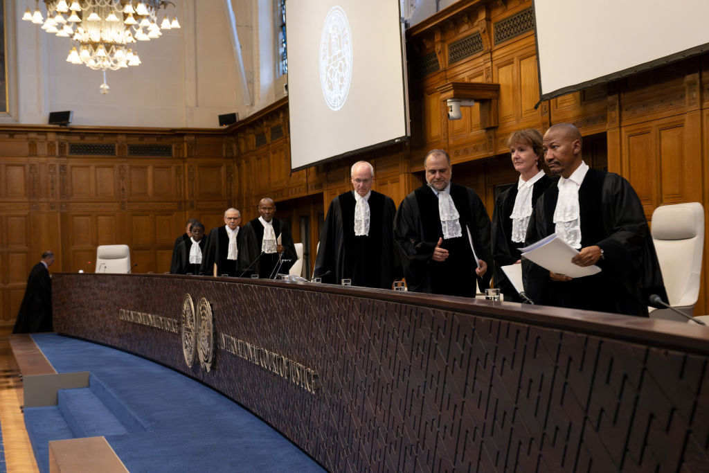 Magistrates arrive at the International Court of Justice in the Hague to hear South Africa's request regarding a ceasefire in the conflict between Israel and Hamas on May 24, 2024. (Photo by Nick Gammon / AFP) (Photo by NICK GAMMON/AFP via Getty Images)