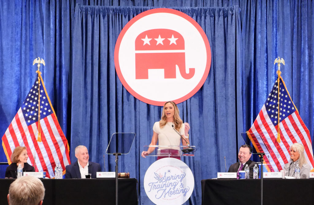 Lara Trump, daughter-in-law of former President Donald Trump and co-chair of the Republican National Committee, speaks at the organization's spring meeting on March 8, 2024, in Houston.  (Photo by CECILE CLOCHERET/AFP via Getty Images)