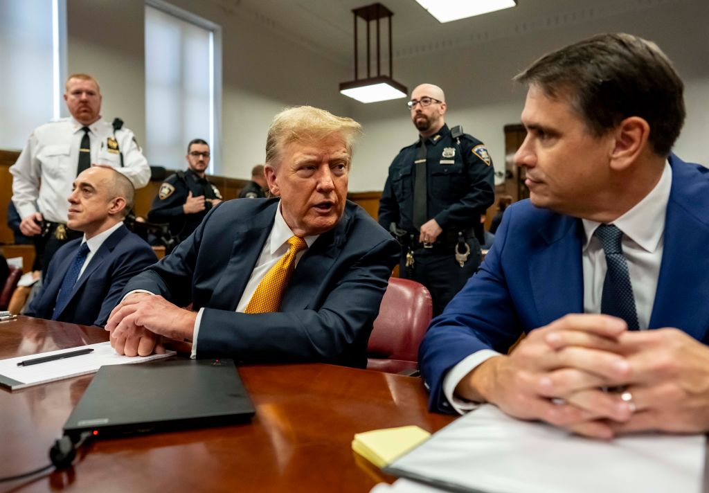 Former President Donald Trump appears in court with attorneys Emil Bove (left) and Todd Blanche for his hush money trial on May 21, 2024, in New York City. (Photo by Mark Peterson - Pool/Getty Images)