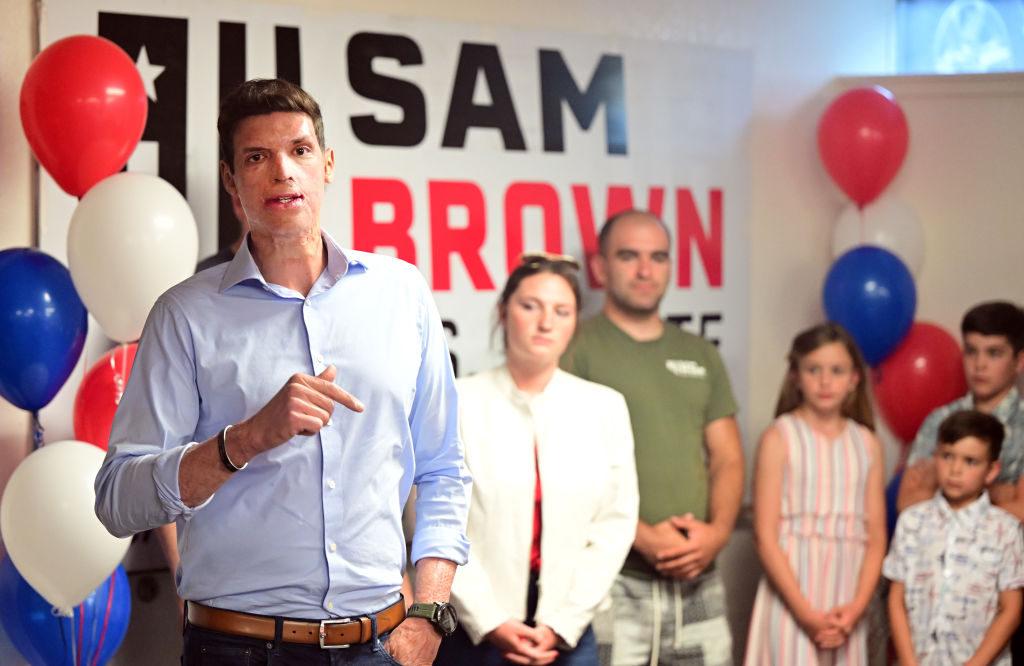 Republican Senate candidate Sam Brown,  seen here during his unsuccessful 2022 primary race, will take on incumbent Democratic Sen. Jacky Rosen in November. (Photo by Josh Edelson/Getty Images)