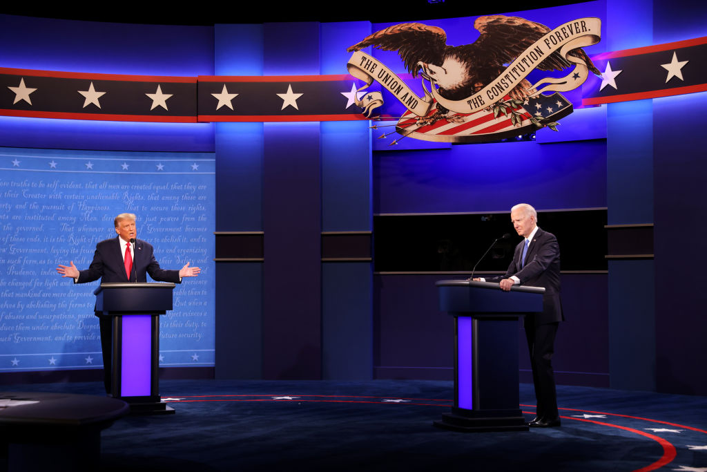 Then-President Donald Trump and Joe Biden participate in the final presidential debate at Belmont University on October 22, 2020, in Nashville, Tennessee. (Photo by Justin Sullivan/Getty Images)