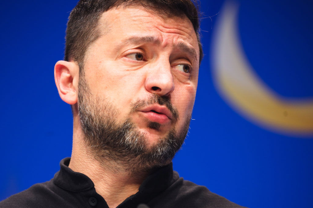 Ukrainian President Volodymyr Zelensky speaks to the media during the Ukraine Recovery Conference in Berlin, Germany, on June 11, 2024. (Photo by Christian Marquardt/NurPhoto via Getty Images)