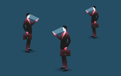 Men in suits staring at their phones vector illustration