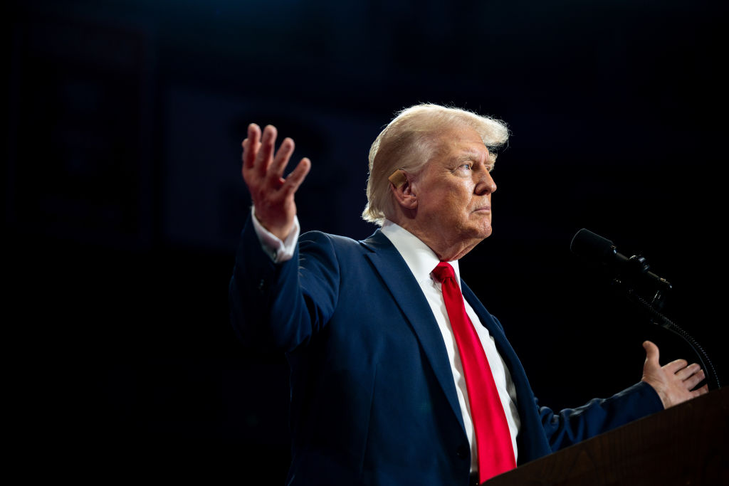 Former President Donald Trump arrives at his campaign rally at the Bojangles Coliseum on July 24, 2024, in Charlotte, North Carolina. (Photo by Brandon Bell/Getty Images)