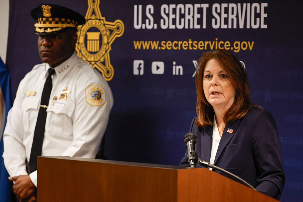 U.S. Secret Service Director Kimberly Cheatle speaks during a press conference at the Secret Service's Chicago Field Office on June 4 2024, ahead of the 2024 Democratic and Republican National Conventions. (Photo by KAMIL KRZACZYNSKI/AFP via Getty Images)