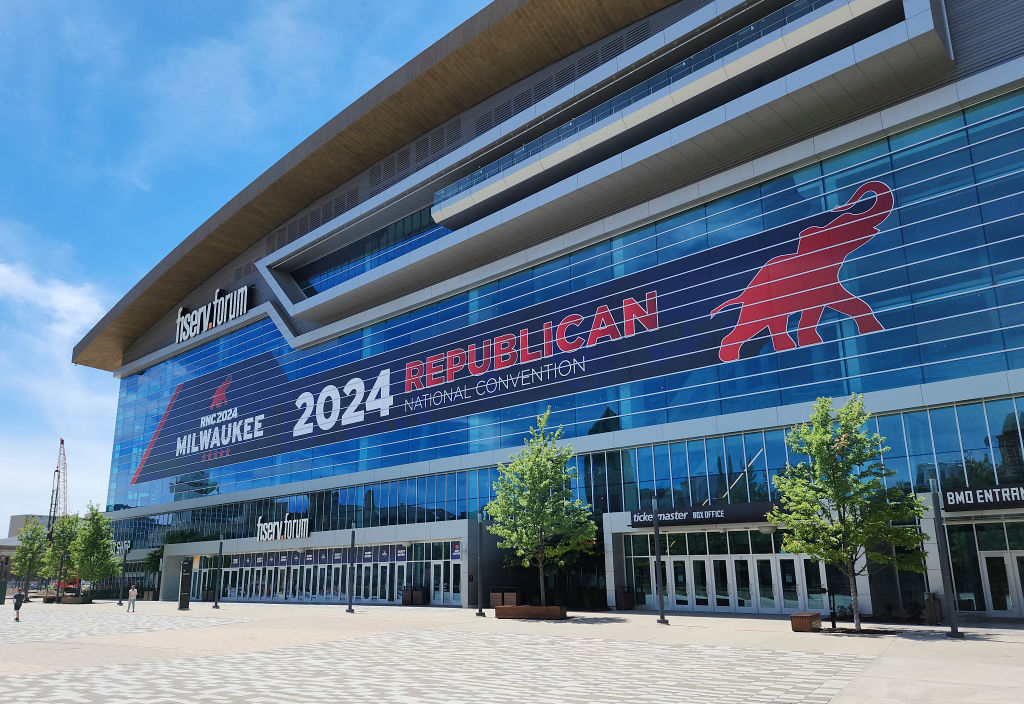 Fiserv Forum is decorated with signage for the 2024 Republican National Convention beginning July 15 in Milwaukee, Wisconsin. (Photo by TANNEN MAURY/AFP via Getty Images)