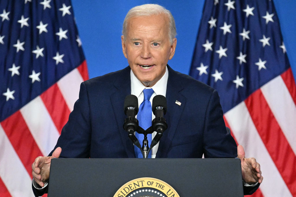 President Joe Biden speaks during a press conference at the close of the 75th NATO Summit at the Walter E. Washington Convention Center in Washington, D.C. on July 11, 2024. (Photo by MANDEL NGAN/AFP via Getty Images)