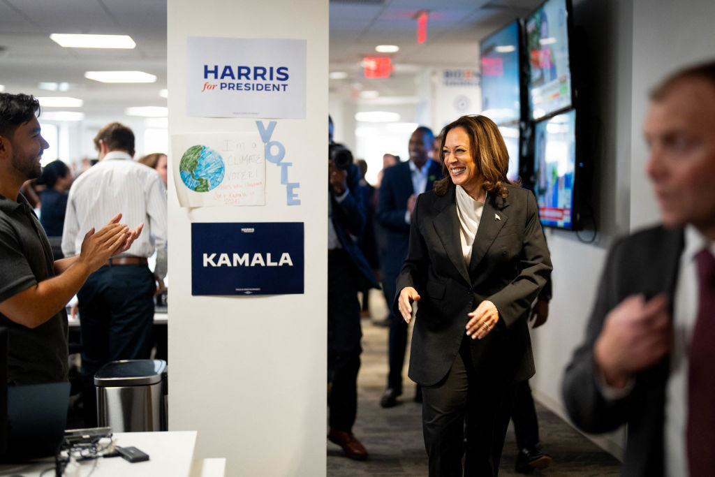 Vice President Kamala Harris greets staff at her new campaign headquarters in Wilmington, Delaware, on July 22, 2024. (Photo by Erin SCHAFF / POOL / AFP) (Photo by ERIN SCHAFF/POOL/AFP via Getty Images)