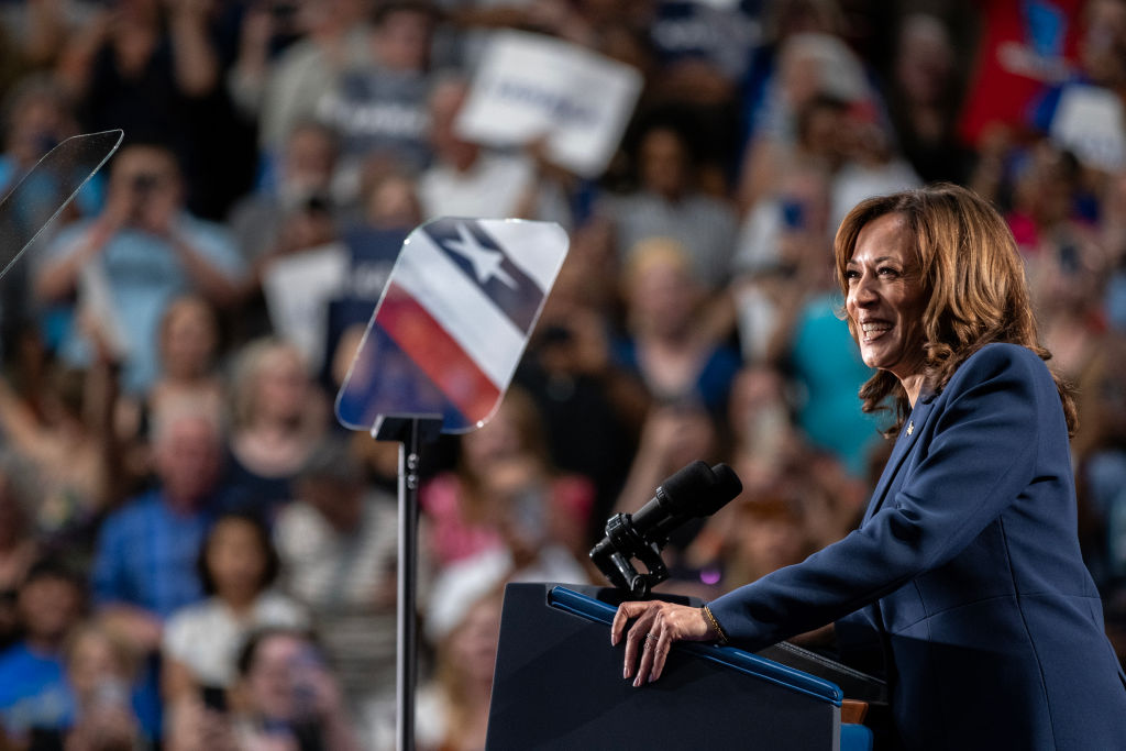 Vice President Kamala Harris speaks to supporters during a campaign rally at West Allis Central High School on July 23, 2024 in West Allis, Wisconsin. (Photo by Jim Vondruska/Getty Images)