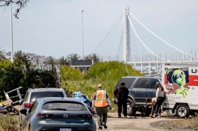 Homeless encampment sweep near the San Francisco-Oakland Bay Bridge toll plaza
