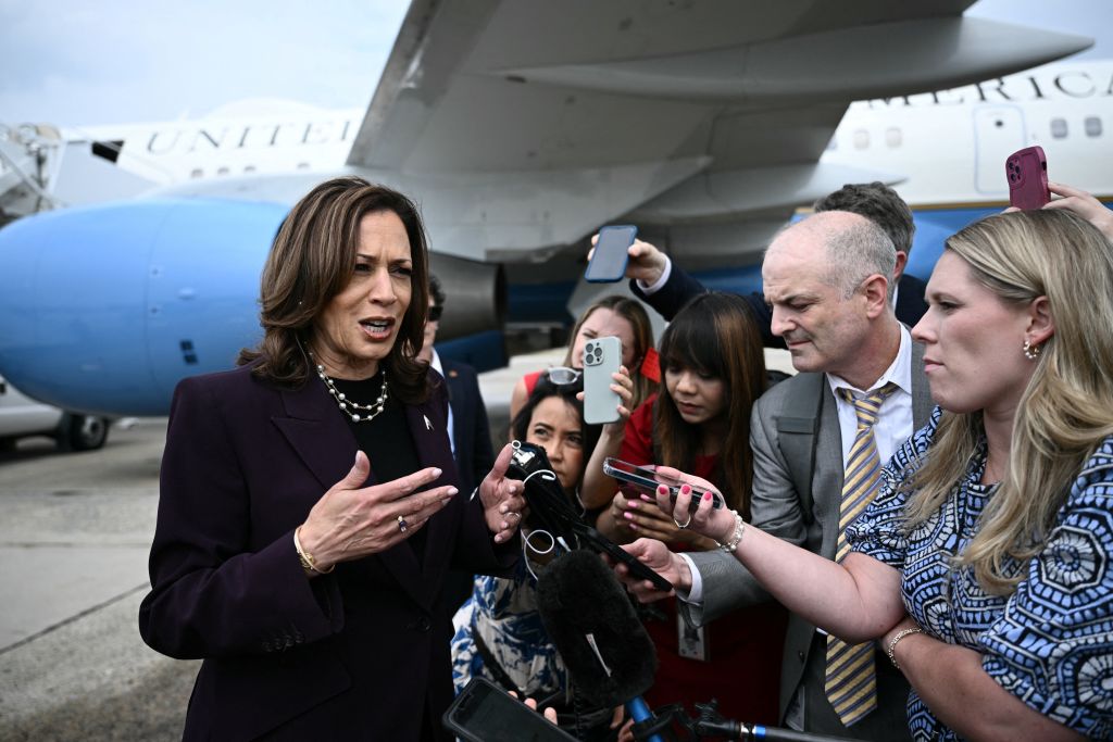 Vice President Kamala Harris speaks to reporters upon arrival at Joint Base Andrews in Maryland on July 25, 2024. (Photo by Brendan Smialowski/AFP/Getty Images)