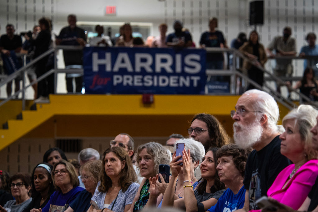 Attendees listen during a "Harris for President" event featuring Michigan Gov. Gretchen Whitmer and Pennsylvania Gov. Josh Shapiro on July 29, 2024 at Wissahickon High School in Ambler, Pennsylvania. (Photo by MATTHEW HATCHER/AFP via Getty Images)