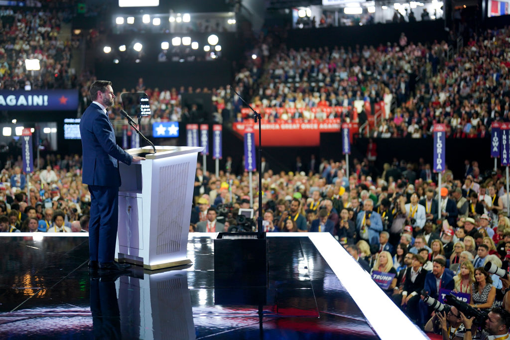 Republican vice presidential nominee J.D. Vance on stage at the Fiserv Forum on Wednesday, July 17, 2024, on the third day of the Republican National Convention in Milwaukee. (Photo by Jabin Botsford/The Washington Post via Getty Images)