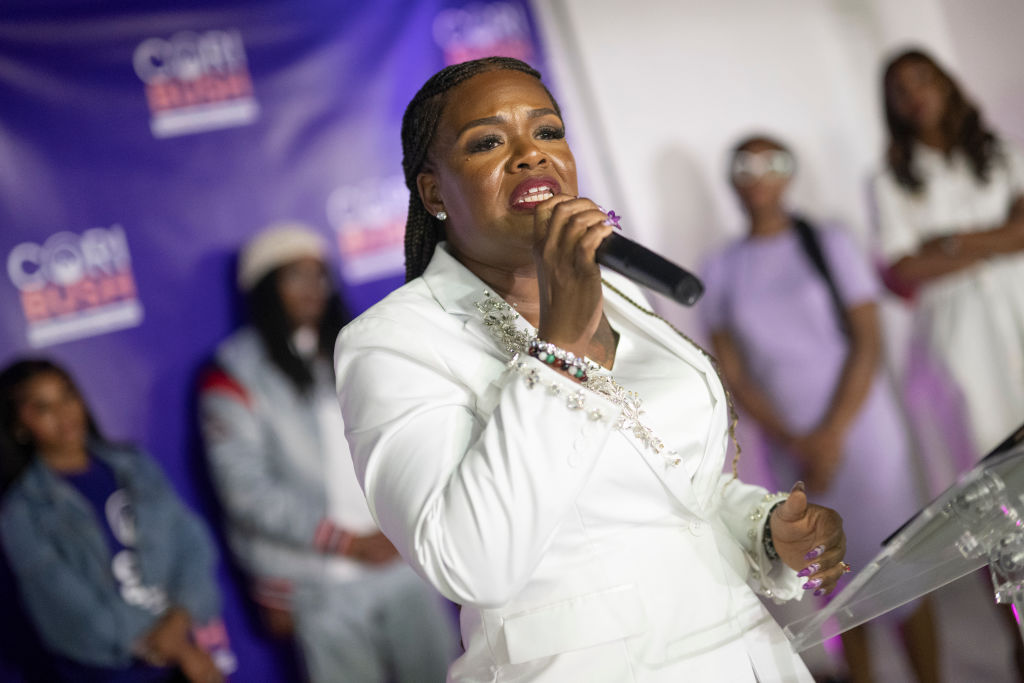 U.S. Rep. Cori Bush delivers her concession speech during a primary election watch party on August 6, 2024, in St Louis, Missouri. (Photo by Michael B. Thomas/Getty Images)