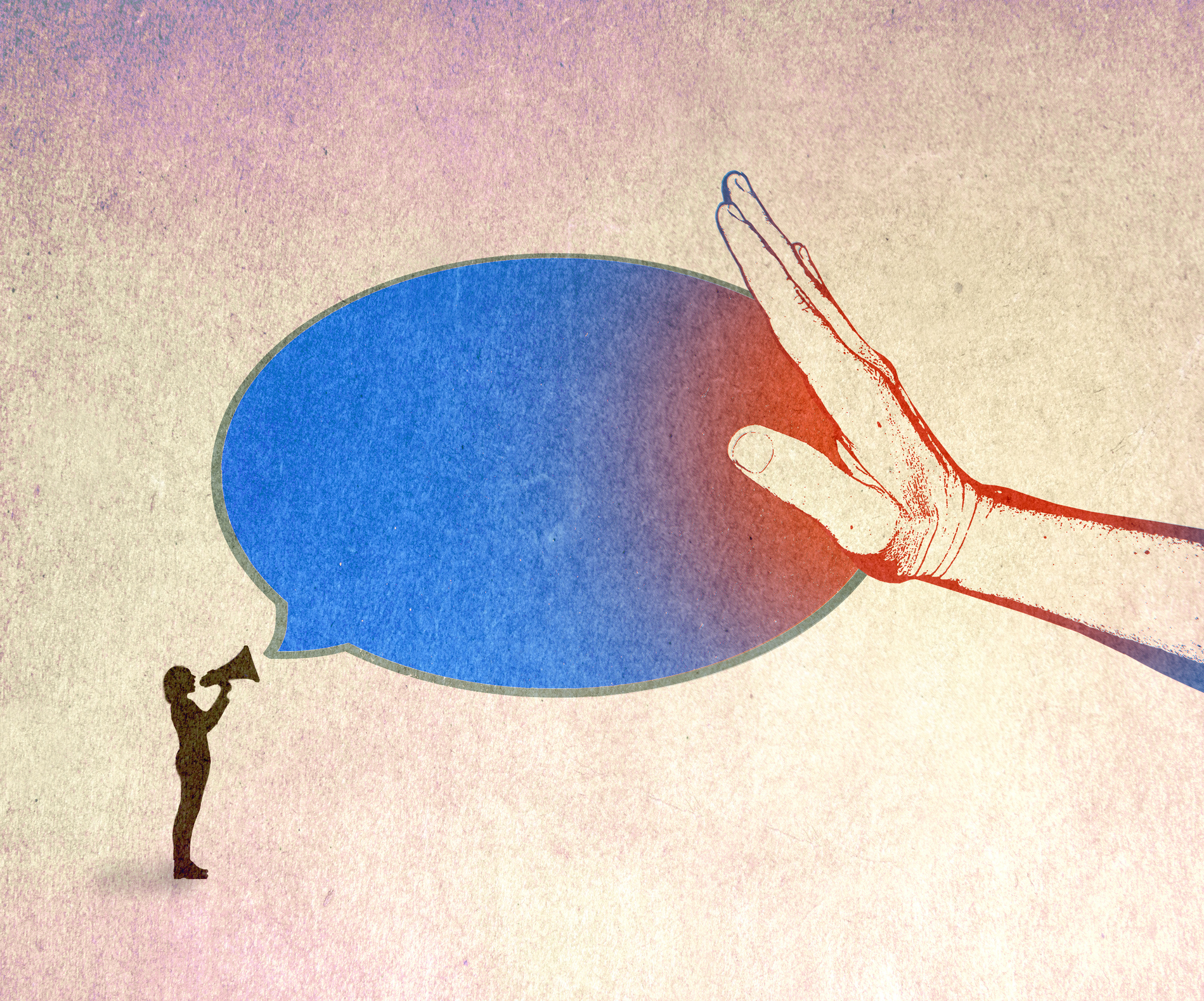 Illustration of hand stopping speech bubble of female speaker