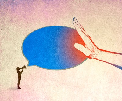 Illustration of hand stopping speech bubble of female speaker