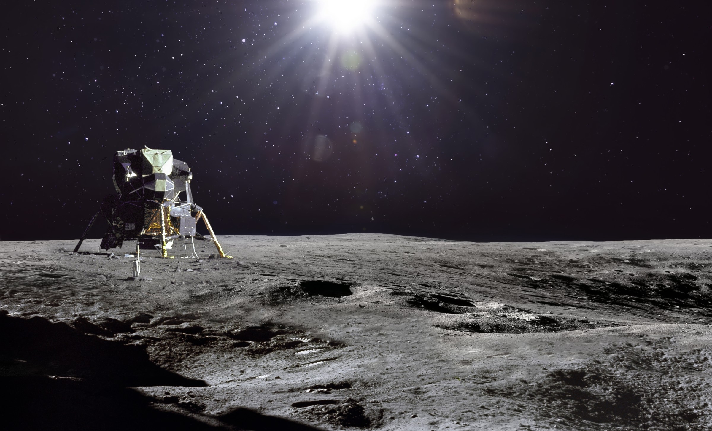 Moon surface and stars with sunlight in outer space. Exploration of Solar system. Artemis lunar space program. Elements of this image furnished by NASA
