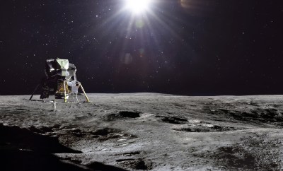 Moon surface and stars with sunlight in outer space. Exploration of Solar system. Artemis lunar space program. Elements of this image furnished by NASA