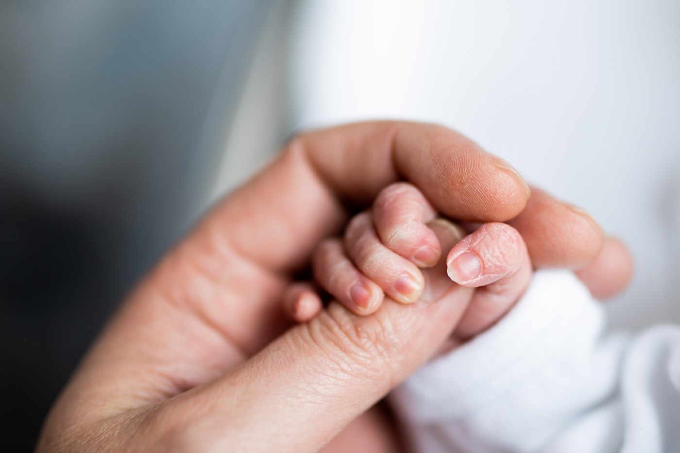 hand of newborn baby who has just been born holding the finger of his father’s hand.