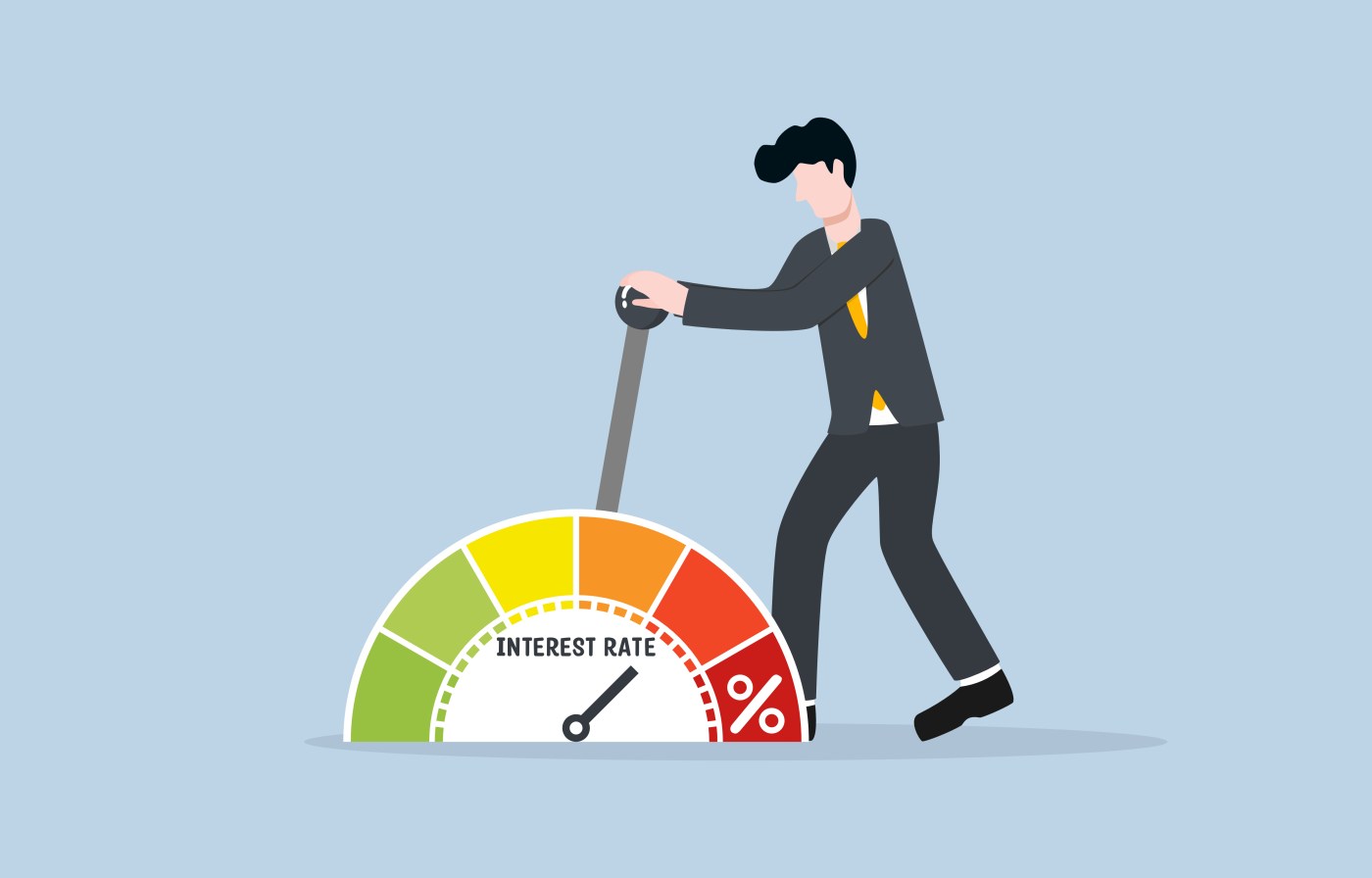 Monetary policy from central bank or federal reserve to solve high inflation, raising interest rate concept. government representative pull control lever for making interest rate hike.