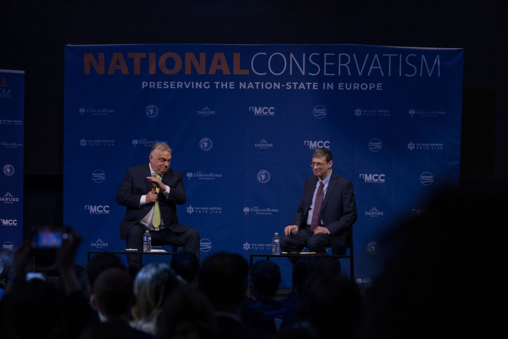 Hungarian Prime Minister Viktor Orbán is interviewed by Yoram Hazony during the National Conservatism Conference in Brussels, Belgium, on April 17, 2024. (Photo by Omar Havana/Getty Images)