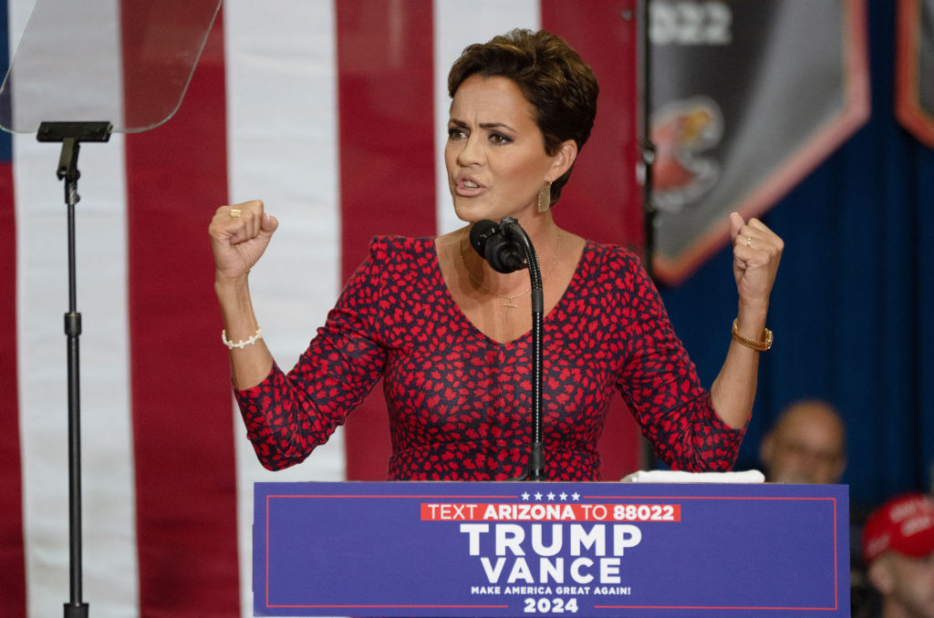 Kari Lake addresses the crowd at a rally with Sen. J.D. Vance at Arizona Christian University Event Center in Glendale, Arizona, on July 31, 2024. (Photo by Laura Segall/AFP/Getty Images)