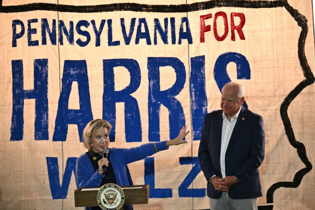 Minnesota Gov. Tim Walz's wife, Gwen Walz, speaks during a stop on a campaign bus tour in Rochester, Pennsylvania, on August 18, 2024. (Photo by ANGELA WEISS/AFP via Getty Images)