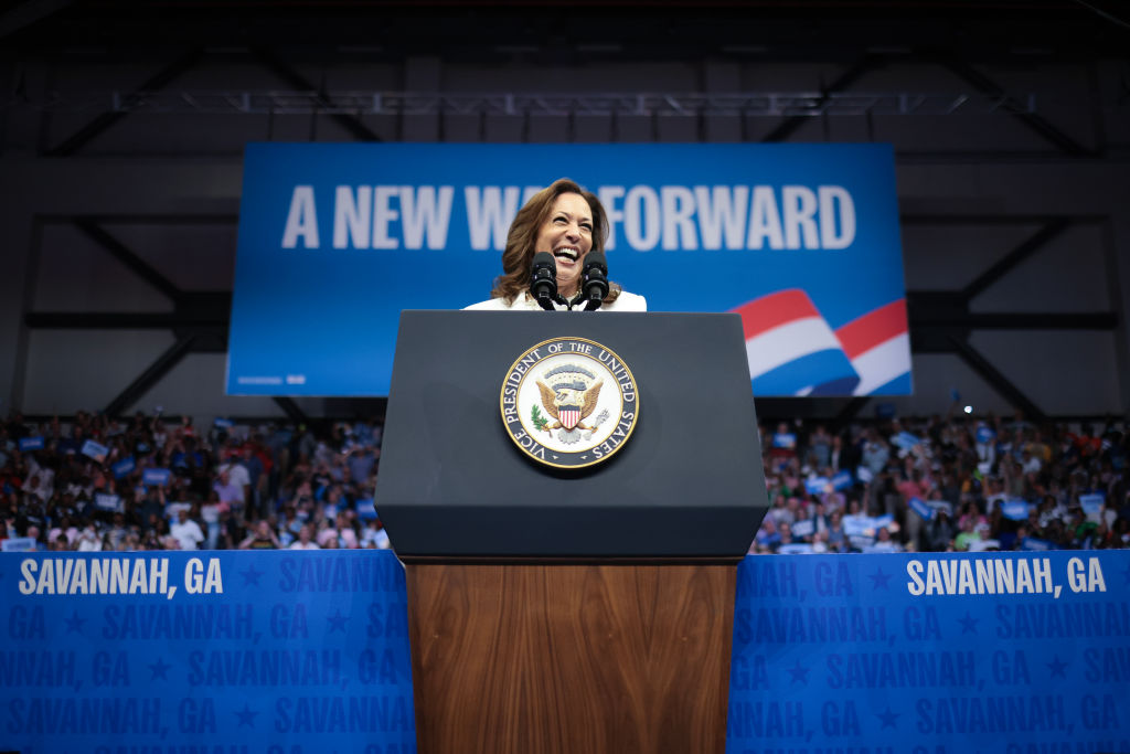 Vice President Kamala Harris arrives on stage at a campaign rally at the Enmarket Arena in Savannah, Georgia, on August 29, 2024. (Photo by Win McNamee/Getty Images)