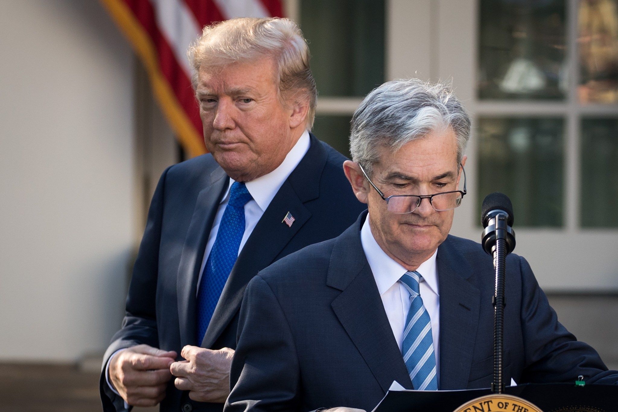 Then-President Donald Trump watches as his nominee for Federal Reserve Chairman, Jerome Powell, takes the podium during a press conference in the Rose Garden of the White House on November 2, 2017. (Photo by Drew Angerer/Getty Images)