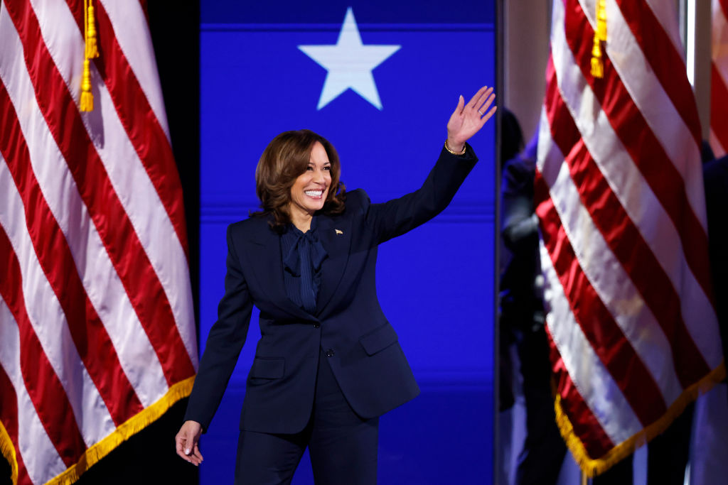 Democratic presidential nominee and Vice President Kamala Harris speaks during the Democratic National Convention on Thursday, August 22, 2024, in Chicago. (Photo by Gabrielle Lurie/San Francisco Chronicle via Getty Images)