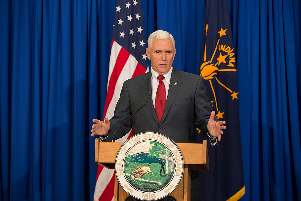 Indiana Gov. Mike Pence holds a press conference on March 31, 2015, on the state's controversial Religious Freedom Restoration Act.  (Photo by Aaron P. Bernstein/Getty Images)