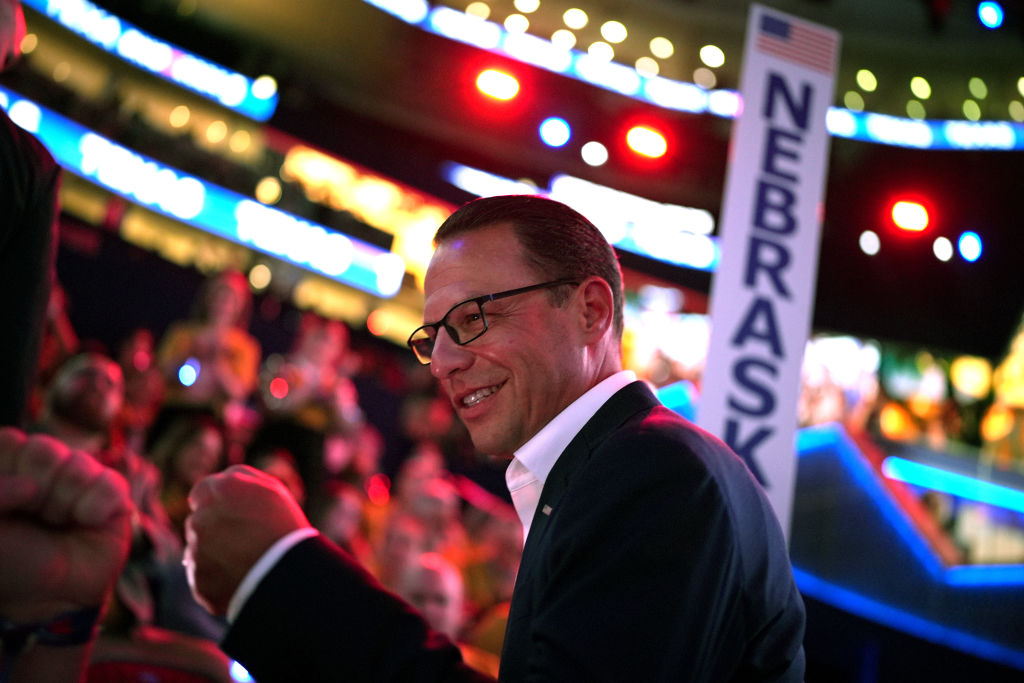 Pennsylvania Gov. Josh Shapiro joins the Pennsylvania delegation as they cast their votes during the Democratic National Convention on August 20, 2024 in Chicago. (Photo by Andrew Harnik/Getty Images)