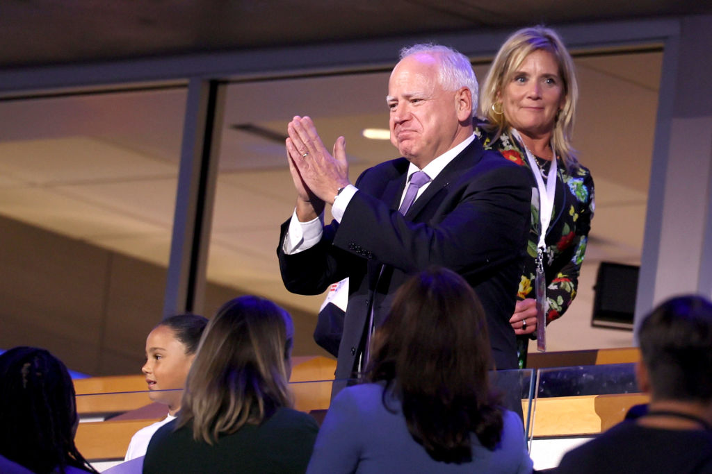 Democratic vice presidential nominee and Minnesota Gov. Tim Walz gestures during the 2024 Democratic National Convention at United Center in Chicago on Monday, August 19, 2024. (Robert Gauthier/Los Angeles Times via Getty Images)