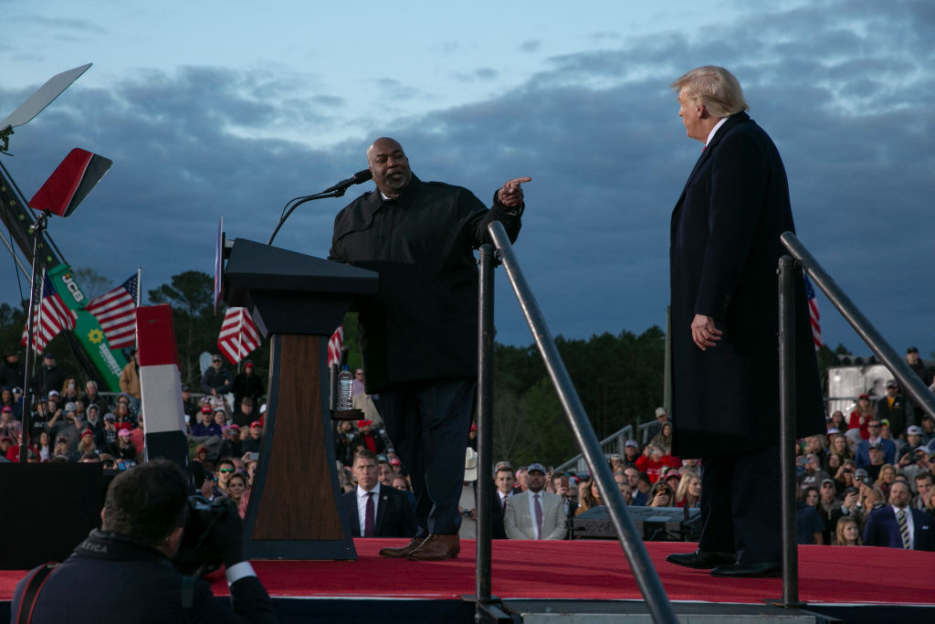 North Carolina Lt. Gov. Mark Robinson with former President Donald Trump during a rally on April 9, 2022, in Selma, North Carolina. (Photo by Allison Joyce/Getty Images)