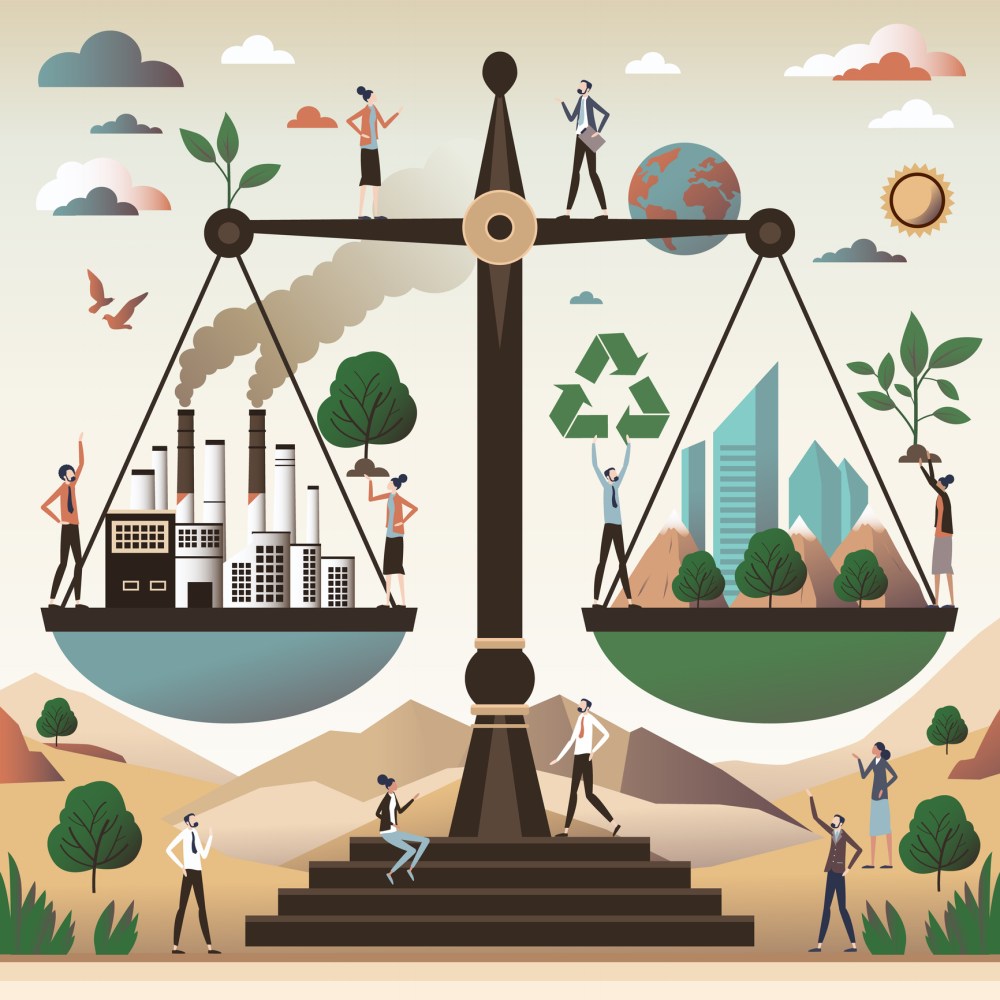Economic growth vs environmental and nature protection tiny person concept