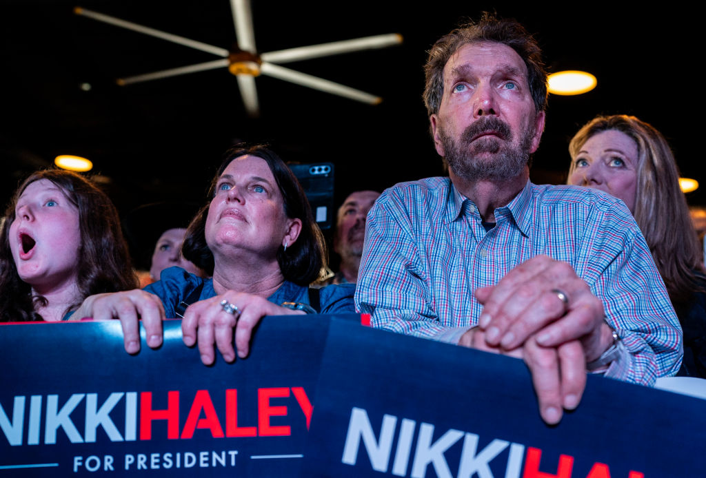 Texas voters listen to Republican Nikki Haley during a rally at Sawyer Park Icehouse in Spring, Texas, on March 4, 2024. (Melina Mara/The Washington Post via Getty Images)