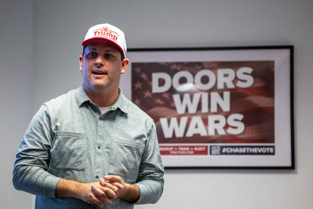 Tyler Bowyer, chief operating officer of Turning Point Action, leads a conservative ballot chasing training at Turning Point Action's chapter in Waukesha, Wisconsin, on Tuesday, June, 18, 2024. (Photo by Joel Angel Juarez for The Washington Post via Getty Images)