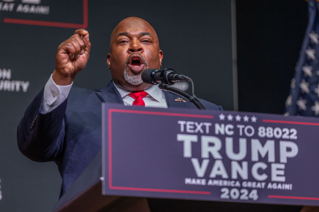 Mark Robinson, lieutenant governor of North Carolina and candidate for governor, delivers remarks at a campaign event for former President Donald Trump at Harrah's Cherokee Center on August 14, 2024 in Asheville, North Carolina. (Photo by Grant Baldwin/Getty Images)