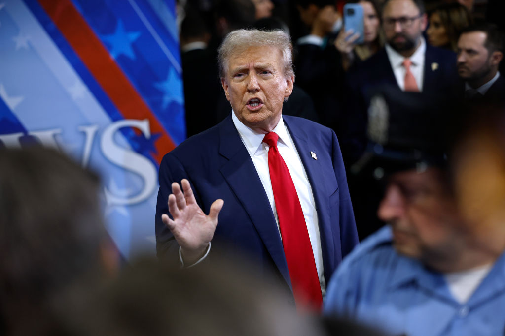 Former President Donald Trump talks to journalists in the spin room after the debate with Vice President Kamala Harris at the National Constitution Center on September 10, 2024, in Philadelphia. (Photo by Chip Somodevilla/Getty Images)