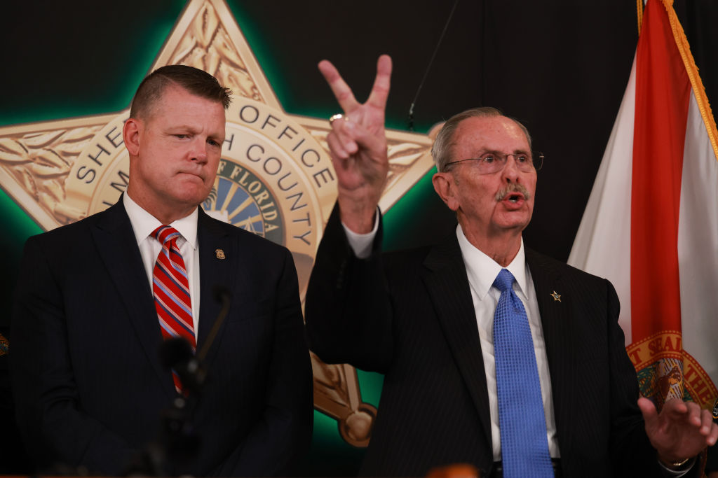 Acting Secret Service Director Ronald Rowe Jr. and Palm Beach County Sheriff Ric Bradshaw take questions during a press conference in West Palm Beach, Florida, on September 16, 2024. (Photo by Joe Raedle/Getty Images)