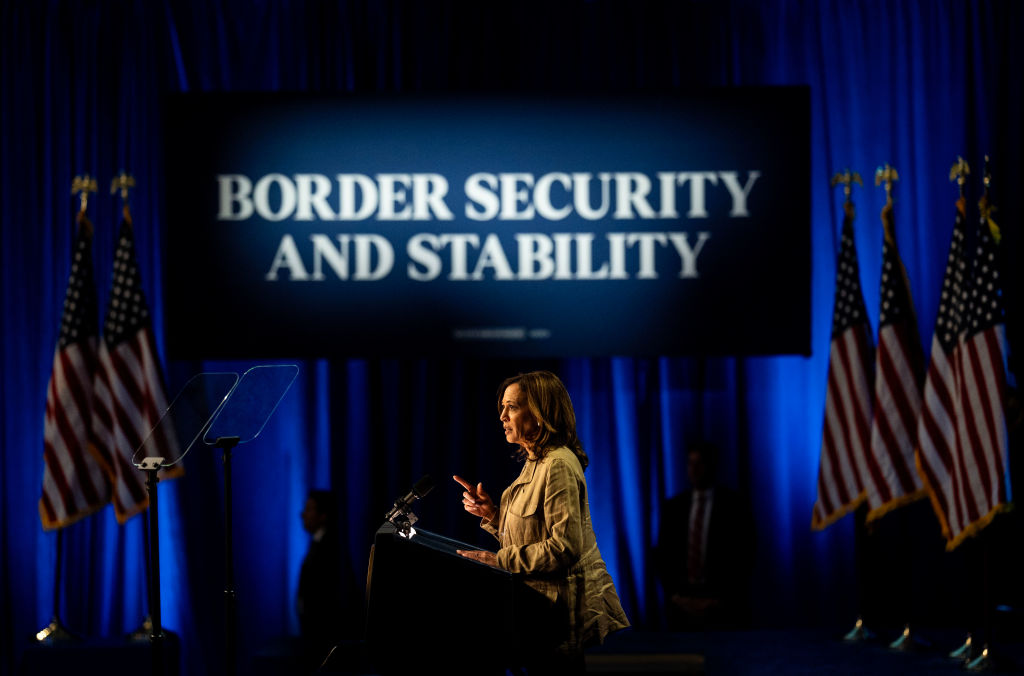 Vice President Kamala Harris speaks about border security and immigration issues with Arizonans during a campaign event at the Cochise College Douglas Campus in Douglas, Arizona  on Friday September 27, 2024. (Melina Mara/The Washington Post via Getty Images)