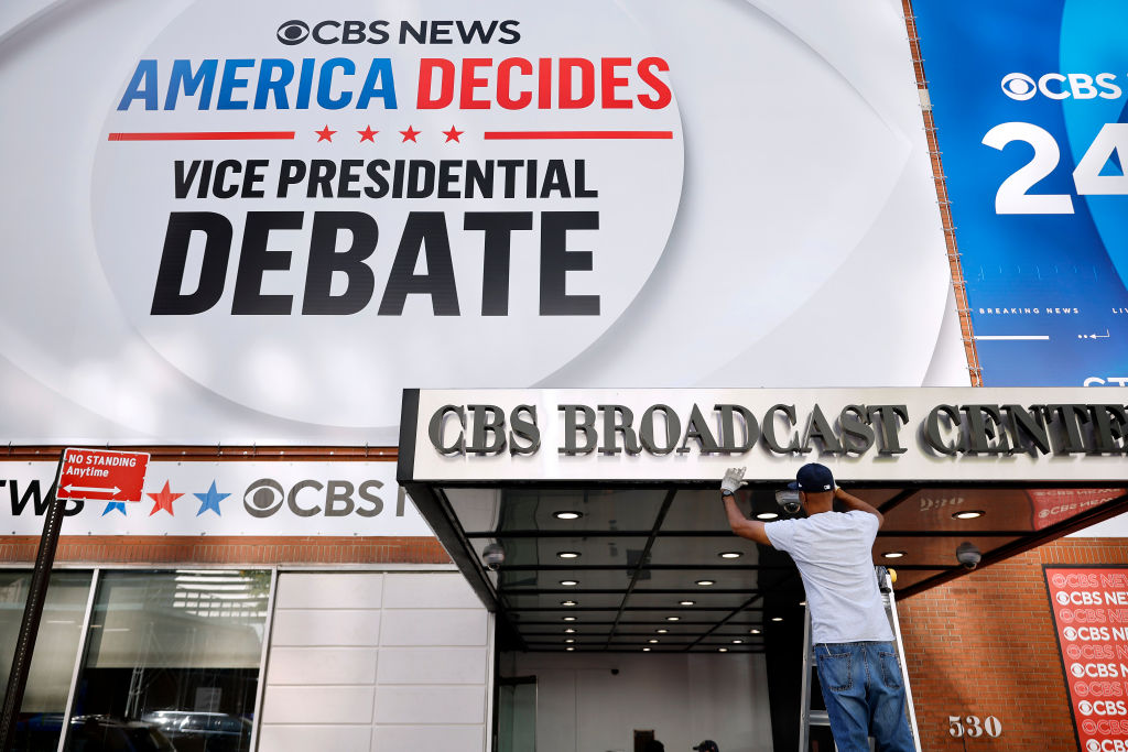 The entrance to the CBS Broadcast Center undergoes repairs the day before the television network will host the vice presidential debate between Sen. J.D. Vance and Minnesota Gov. Tim Walz. (Photo by Chip Somodevilla/Getty Images)