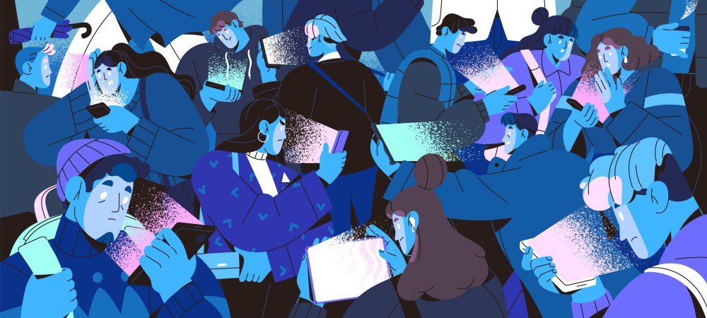 Crowd on mobile phones. Sad, shocked people reading bad news. Many persons scrolling social media, surfing internet in smartphones. Cellphones addiction problems. Monochrome flat vector illustration