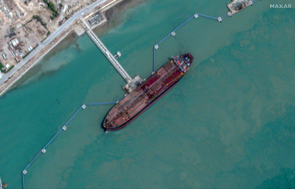 Satellite imagery shows the Fortune Galaxy Mahshahr Oil Terminal in Iran on August 18, 2023. (Satellite image (c) 2024 Maxar Technologies via Getty Images)