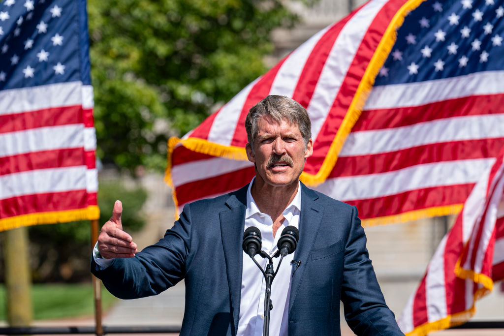 Wisconsin U.S. Senate candidate Eric Hovde addresses the audience at a campaign rally on August 20, 2024, in Kenosha, Wisconsin. (Photo by Andy Manis/Getty Images)