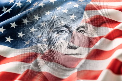 Composition of the American Flag with a portrait of George Washington on a one-dollar bill. Concept of money, independence, election, culture or American currency.