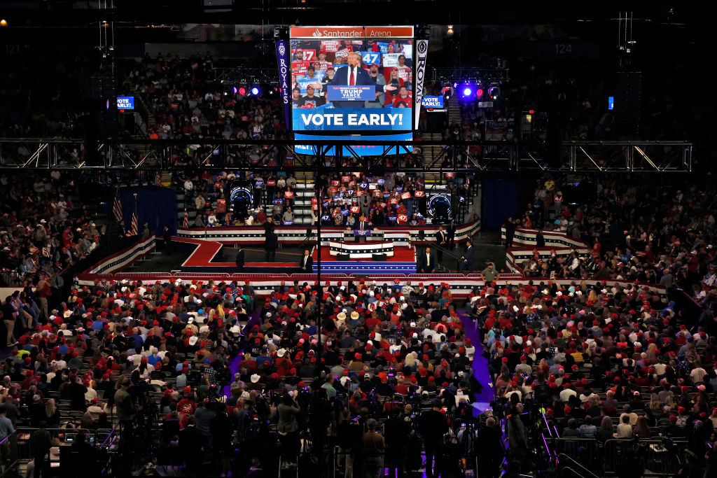 Former President Donald Trump speaks at a campaign rally at the Santander Arena on October 9, 2024, in Reading, Pennsylvania. (Photo by Chip Somodevilla/Getty Images)